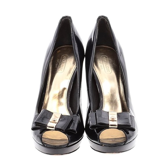 COACH Starla Patent Leather Black High Heels 7.5 B Platform Stiletto Peep Toe - Picture 2 of 9